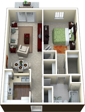 Floor plan for 1 bed, 1 bath, 876 sqft